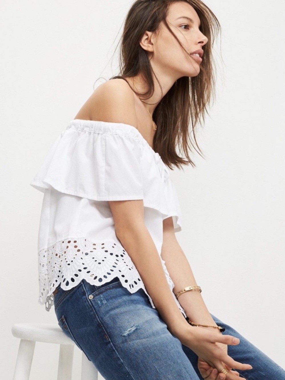 Madewell White Off-Shoulder Eyelet Hem Top
